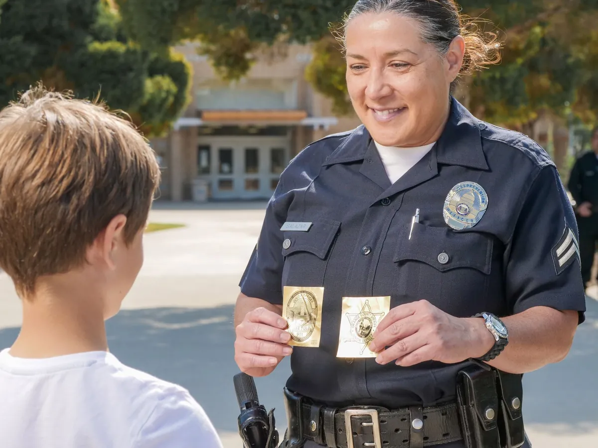 A smiling officer showing her badge to a young boy outside a school